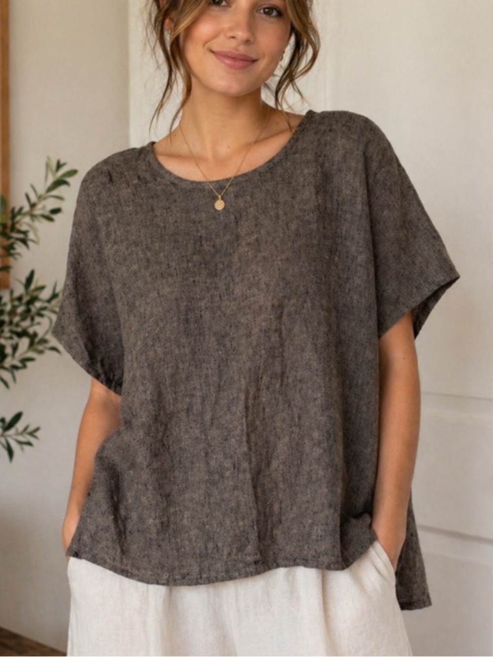 FLAX 100% Linen Boxy Top Large Brown Oversized Short Sleeve 25328